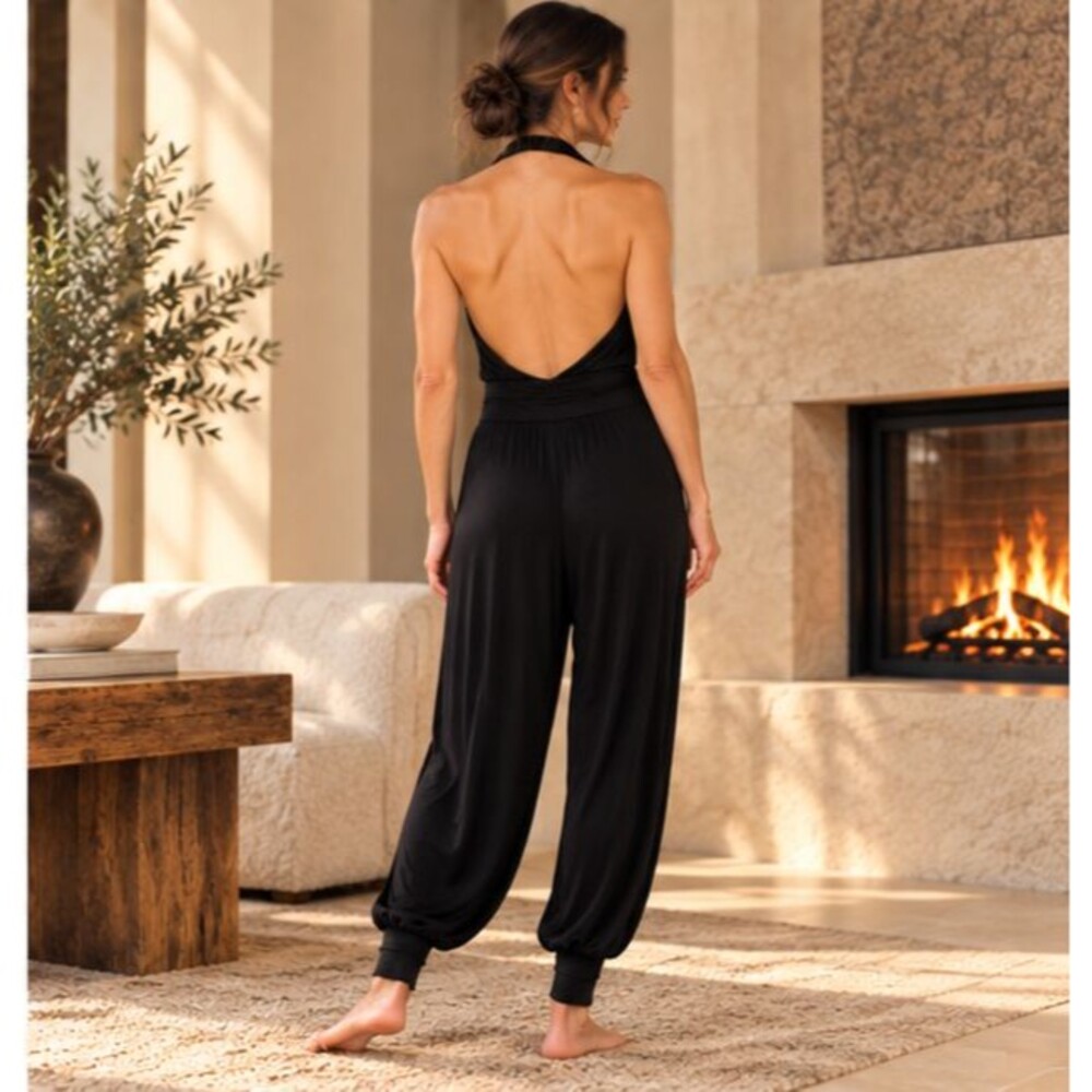 Aria Lattner Black Organic Bamboo Halter Cowl Jumpsuit Harem Cuffed USA L